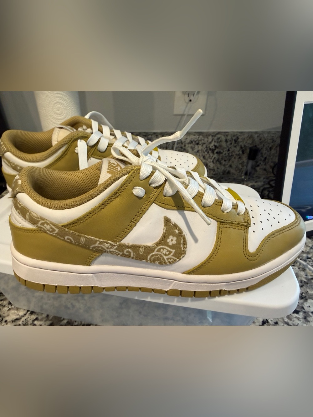 Nike  White and Olive Paisley Swoosh  and clean Sneakers